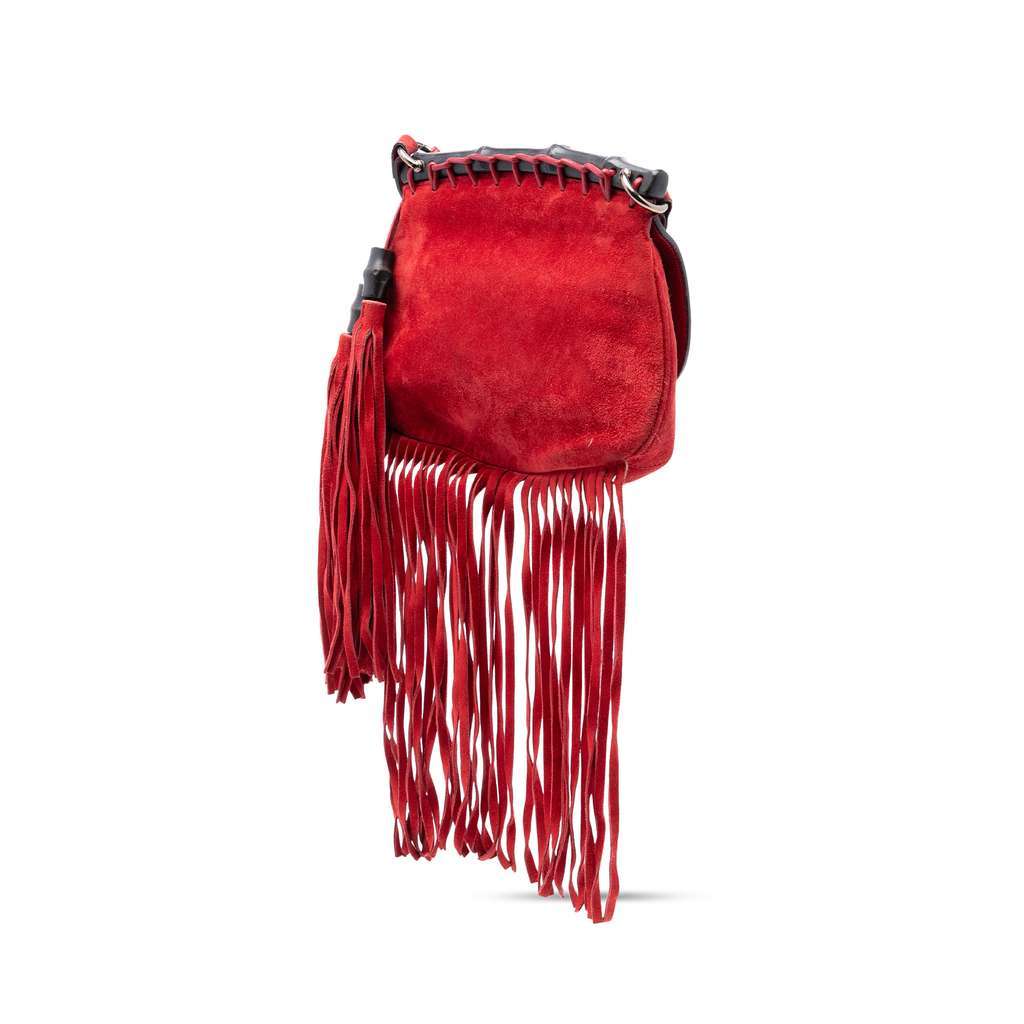 Gucci Small Leather Bamboo Nouveau Fringe Crossbody Red Leather Very good - Back View