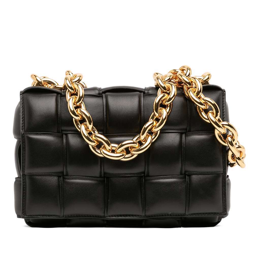 Bottega Veneta Nappa Intrecciato Padded Chain Cassette Satchel Black Leather Good - Front View