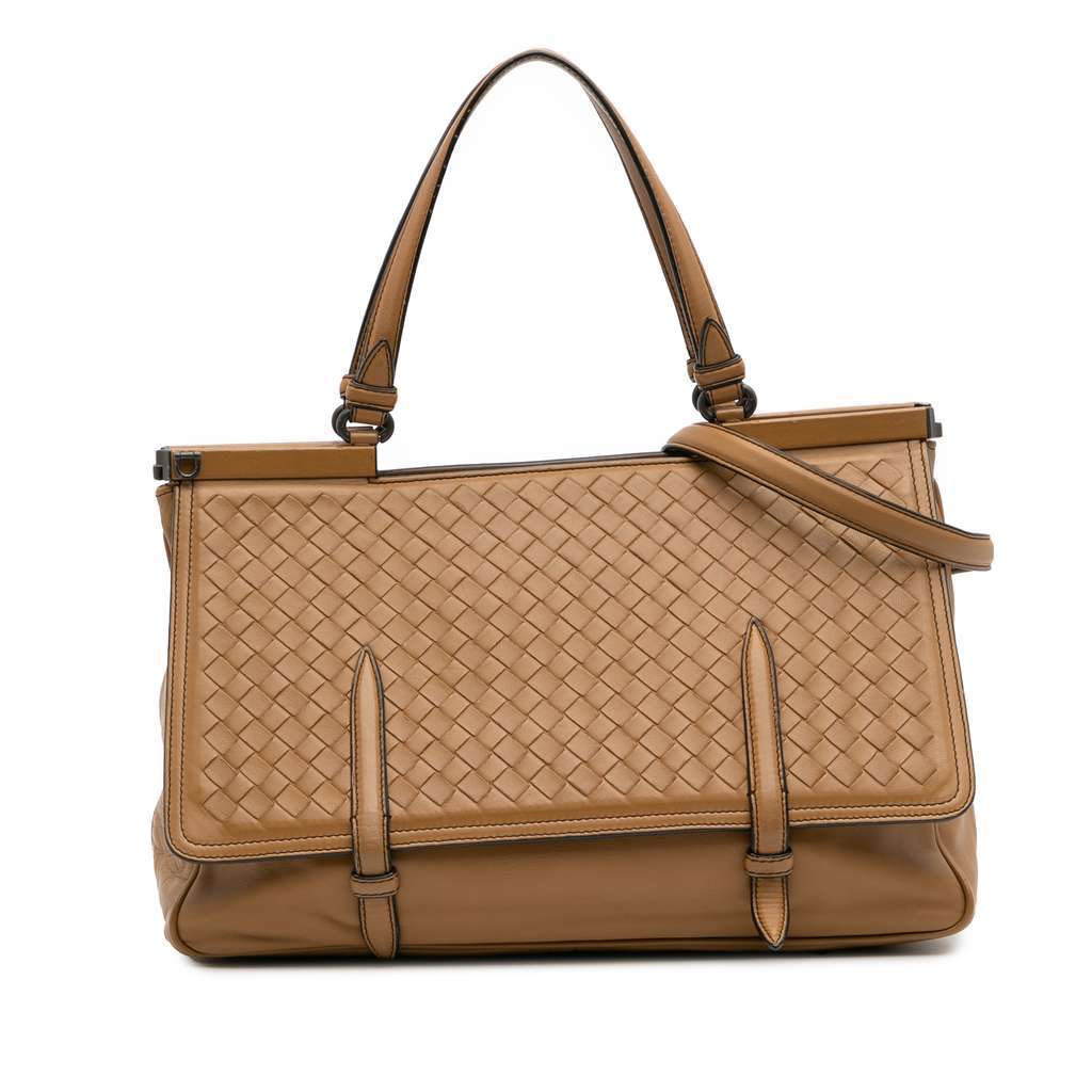 Bottega Veneta Medium Nappa Intrecciato Monaco Satchel Brown Leather Good - Front View