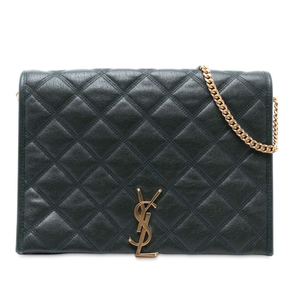 Saint Laurent Small Quilted Lambskin Becky Chain Shoulder Bag Green Leather Good - Front View