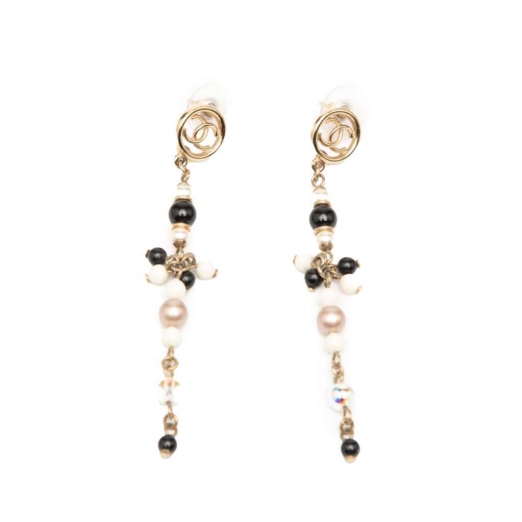 Chanel Gold Plated CC Faux Pearl Beads Drop Push Back Earrings Gold Metal Very good condition - Front View