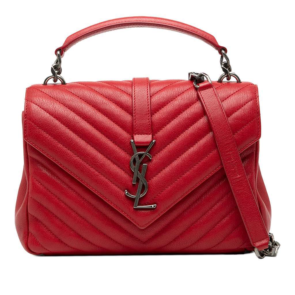 Saint Laurent Medium Quilted Chevron Sheepskin College Satchel Red Leather Very good - Front View