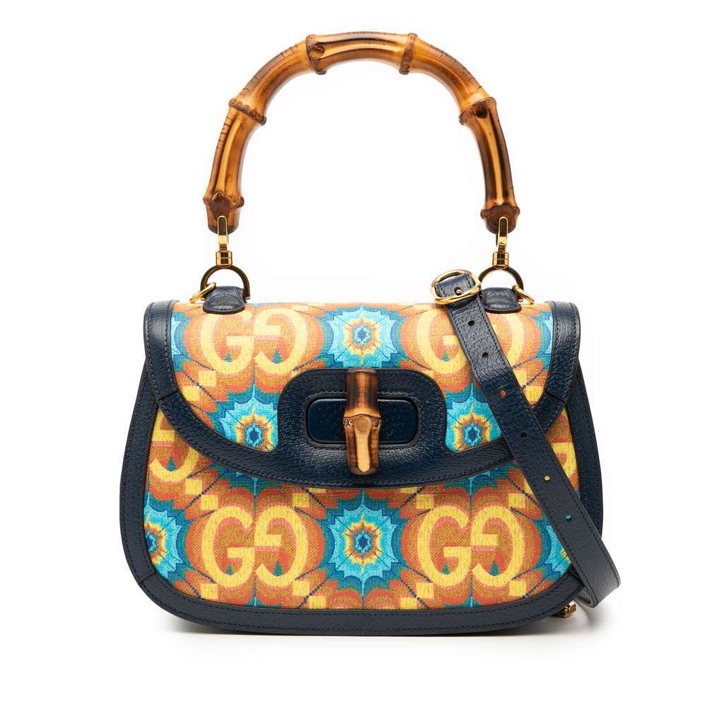 Gucci 100th Anniversary Medium GG Coated Canvas Kaleidoscope 1947 Bamboo Top Handle Bag Blue Canvas Very good - Front View
