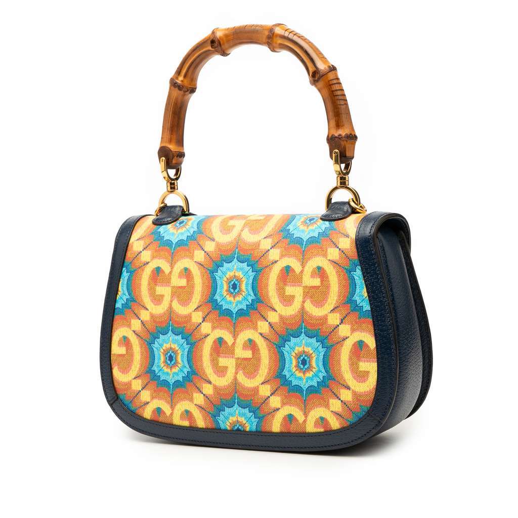 Gucci 100th Anniversary Medium GG Coated Canvas Kaleidoscope 1947 Bamboo Top Handle Bag Blue Canvas Very good - Back View