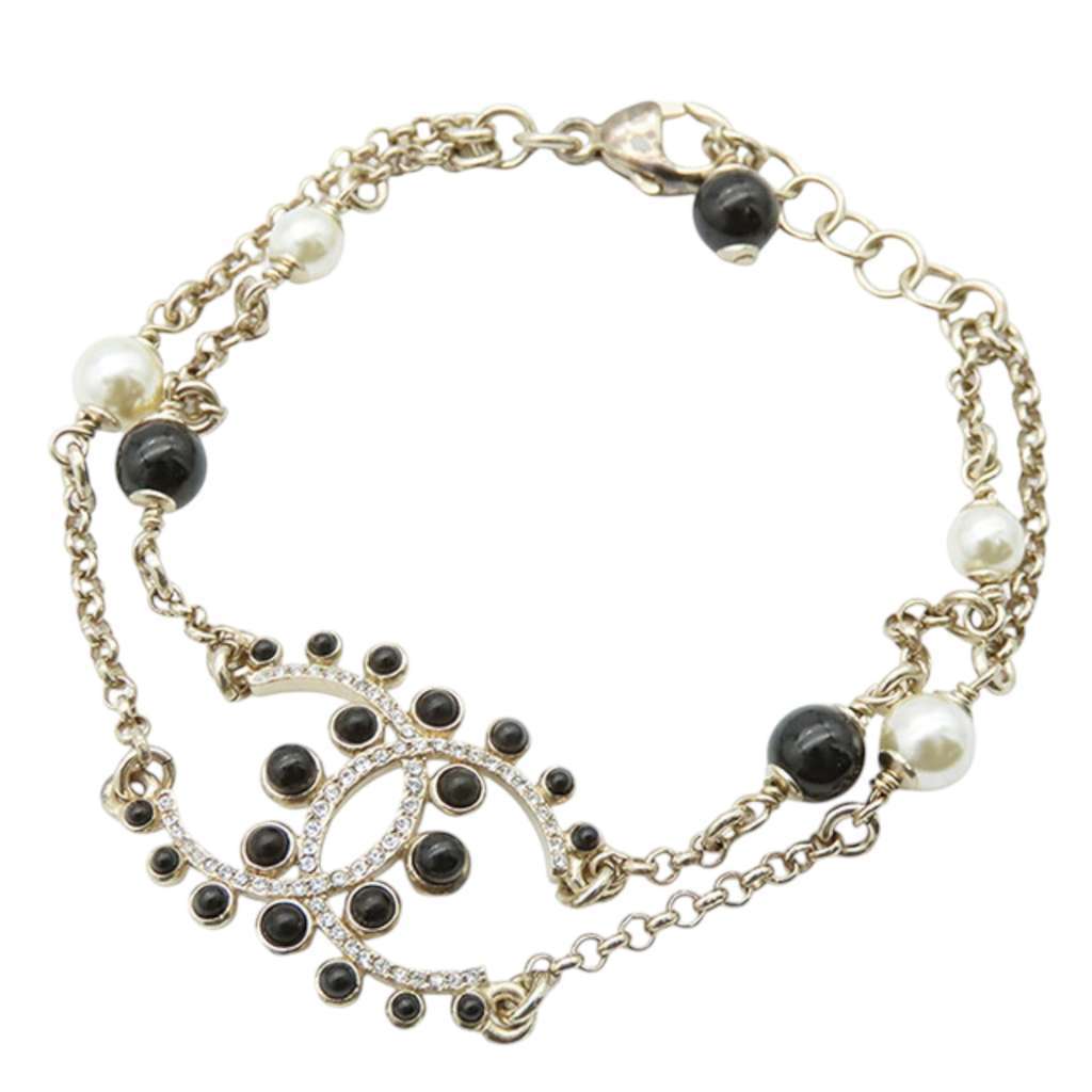 Chanel Gold Plated CC Faux Pearl Rhinestones Bracelet Gold Metal Very good - Front View