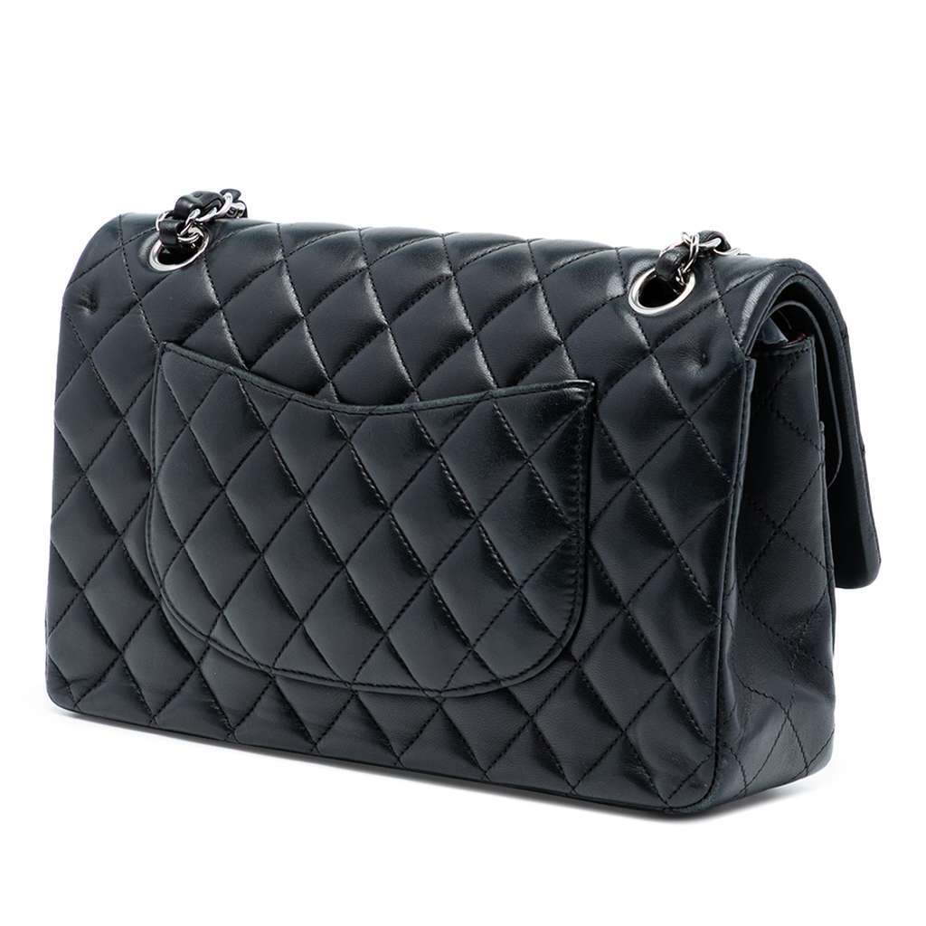 Chanel Medium Classic Lambskin Double Flap Black Leather Good - Back View