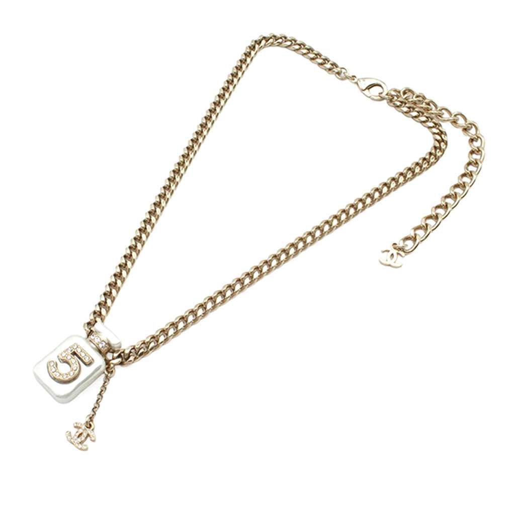 Chanel Gold Plated CC Resin and Rhinestones No. 5 Perfume Bottle Pendant Necklace Gold Metal Good - Front View