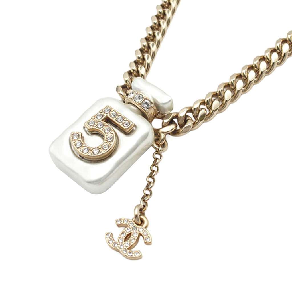 Chanel Gold Plated CC Resin and Rhinestones No. 5 Perfume Bottle Pendant Necklace Gold Metal Good - Back View