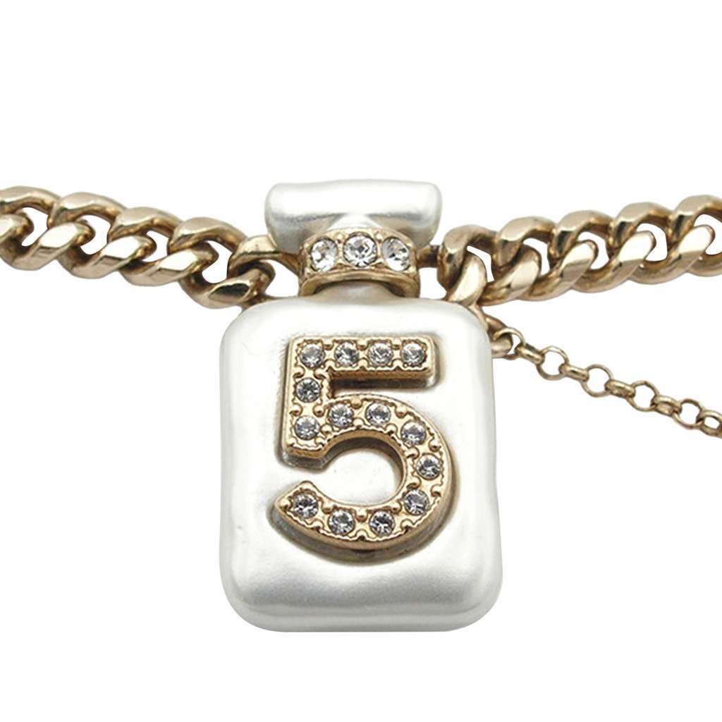 Chanel Gold Plated CC Resin and Rhinestones No. 5 Perfume Bottle Pendant Necklace Gold Metal Good - Inside View