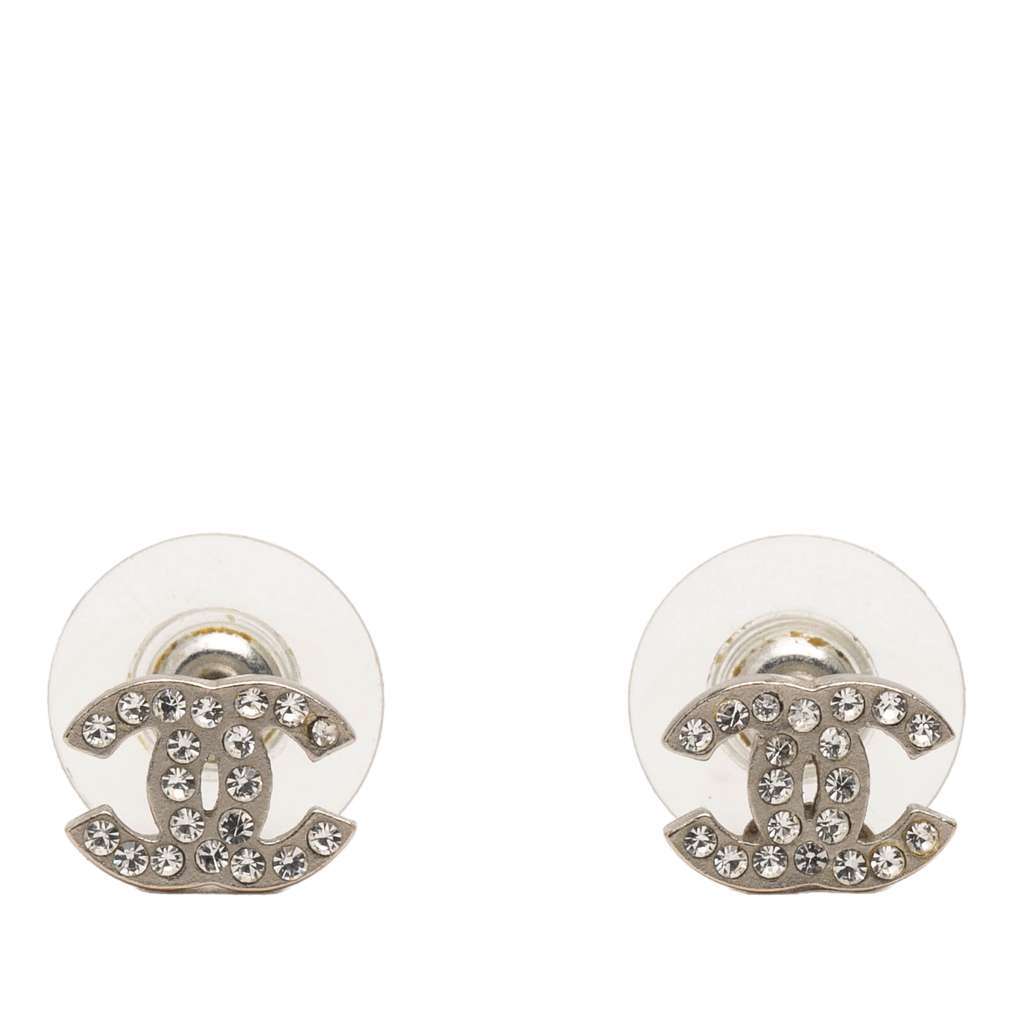 Chanel Silver Plated CC Rhinestone Bullet Back Earrings Silver Metal Good condition - Front View