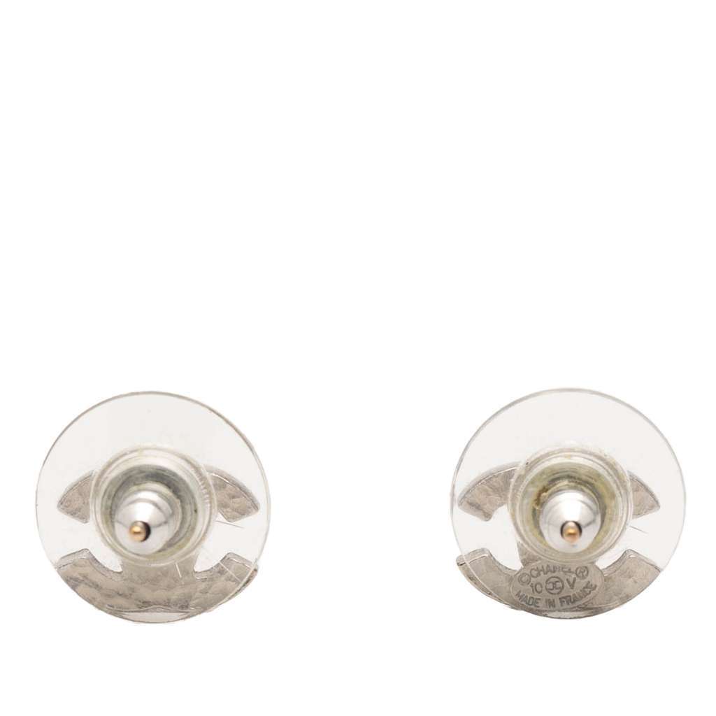 Chanel Silver Plated CC Rhinestone Bullet Back Earrings Silver Metal Good condition - Back View