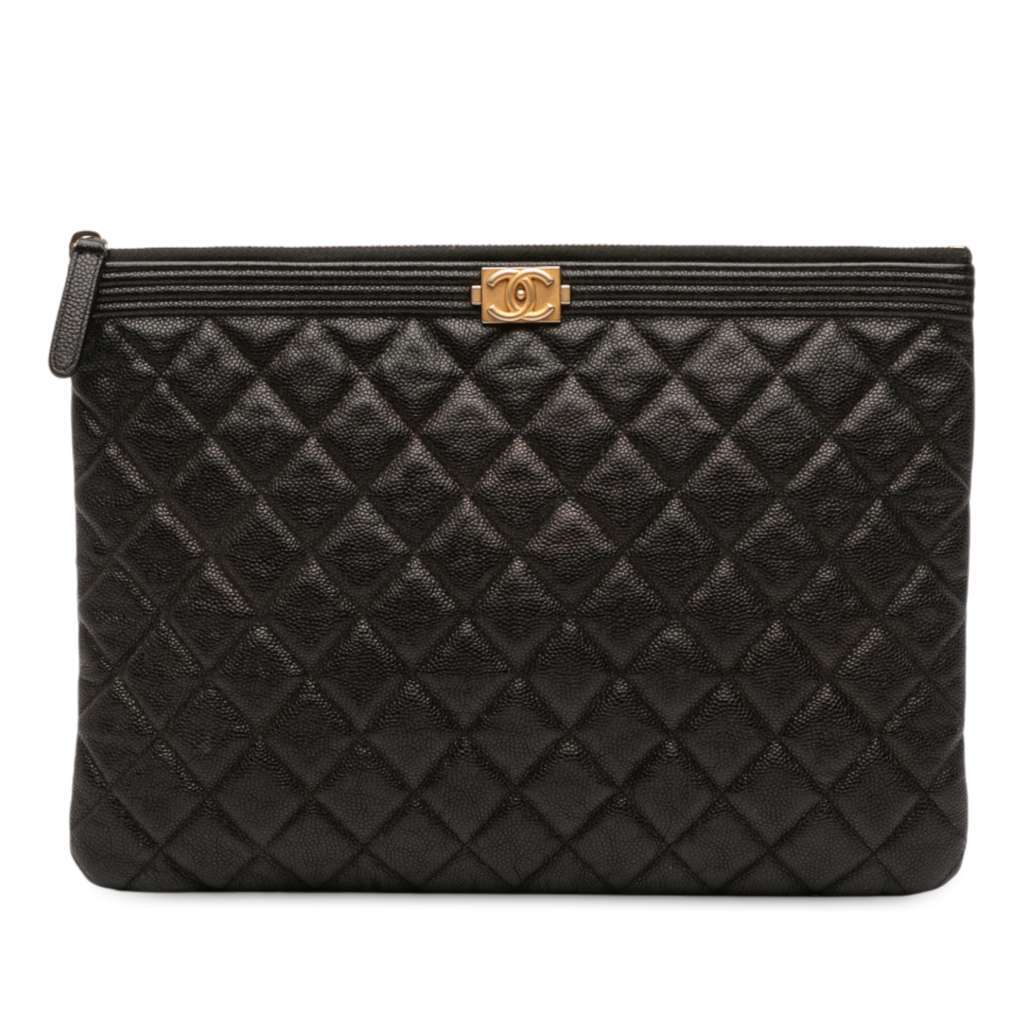 Chanel Medium Quilted Caviar Boy O Case Clutch Black Leather Very good - Front View