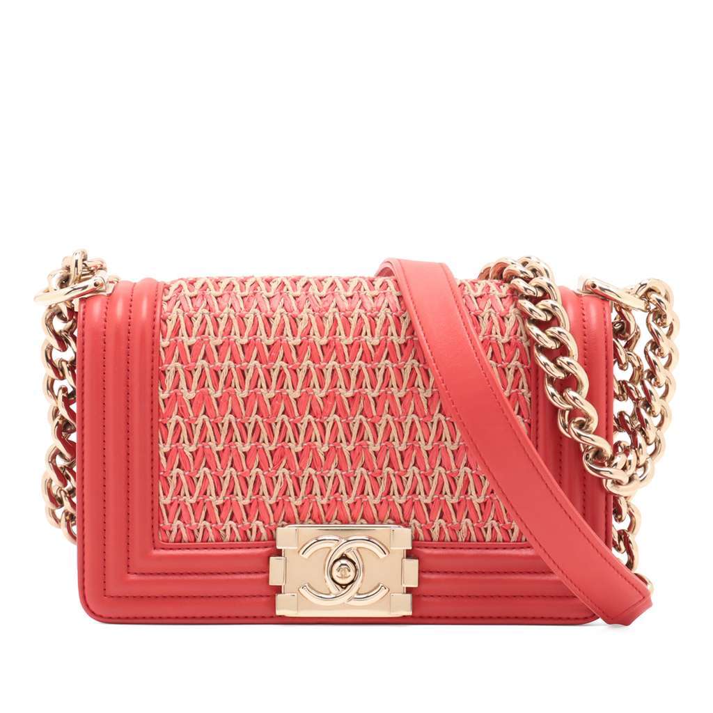 Chanel Small Straw and Lambskin Boy Flap Red Very good - Front View