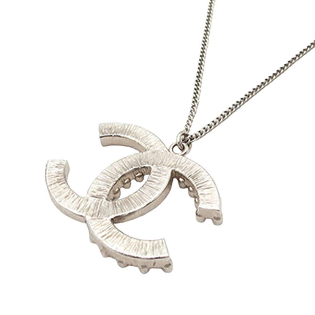 Chanel CC Silver Plated Rhinestones Pendant Necklace Silver Metal Good - Back View