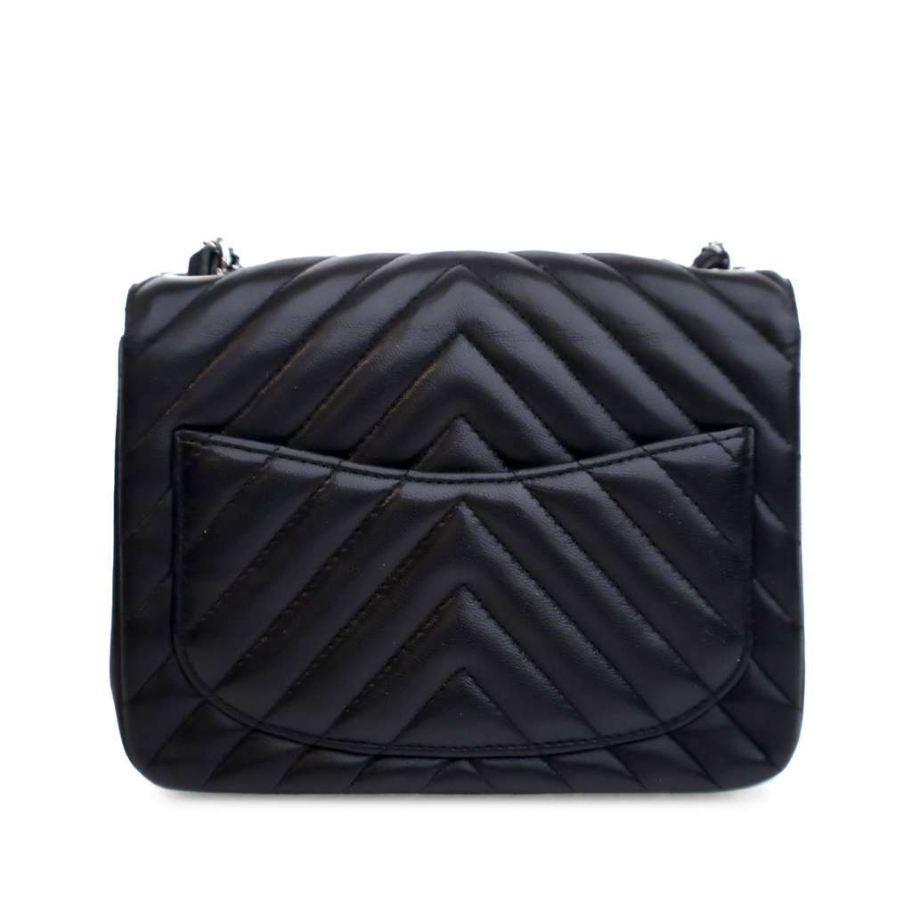Chanel Mini Square Classic Chevron Lambskin Single Flap Black Leather Good - Back View