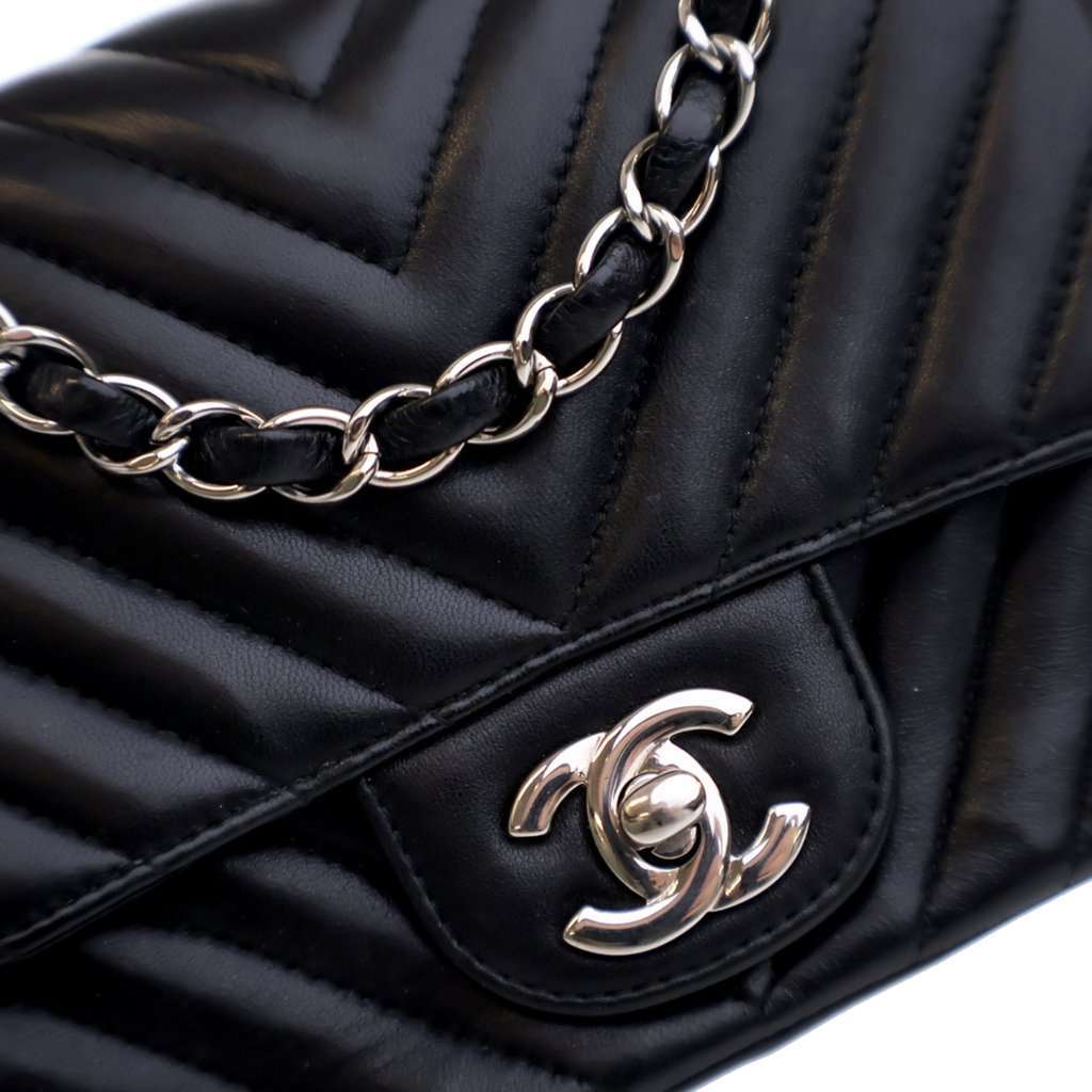 Chanel Mini Square Classic Chevron Lambskin Single Flap Black Leather Good - Box View