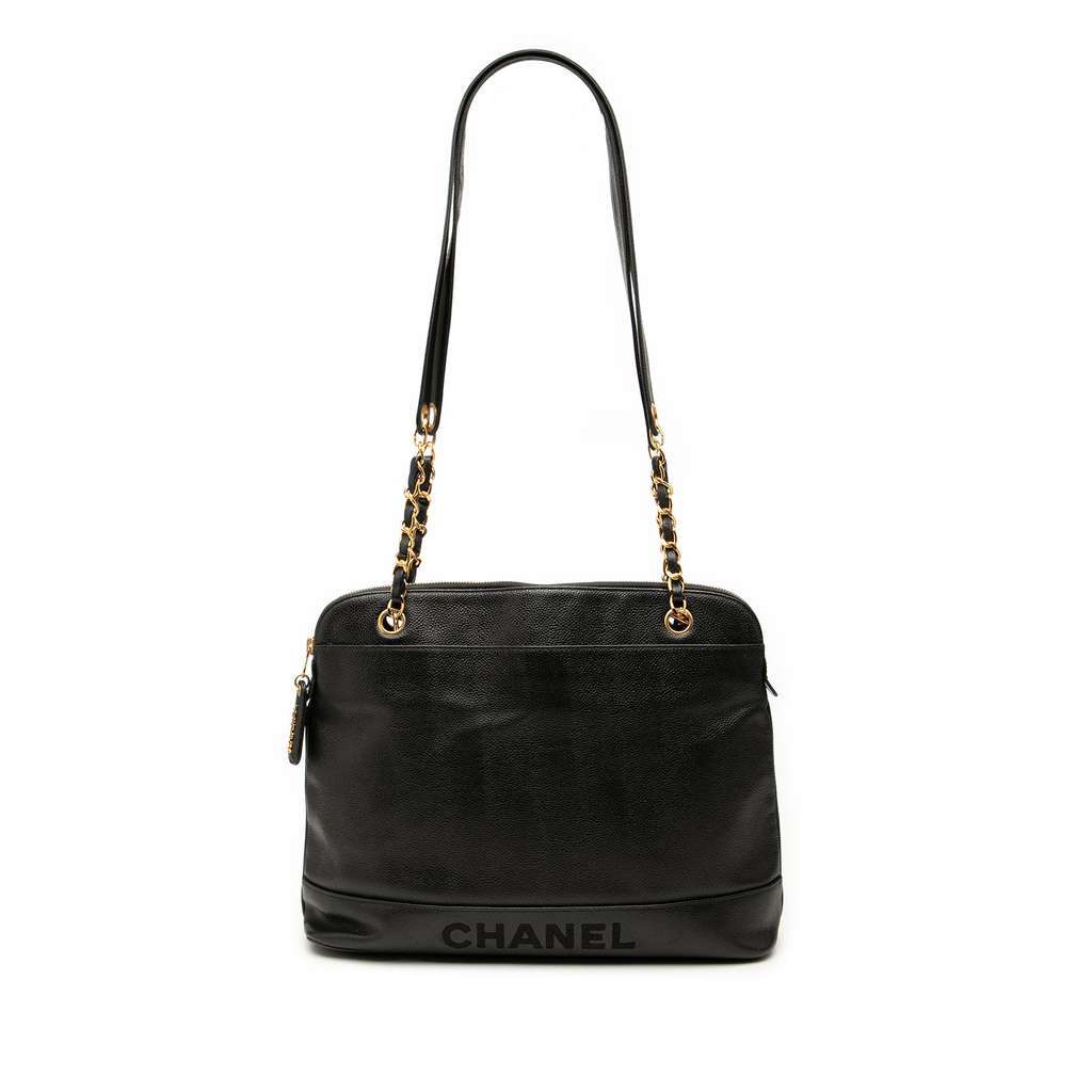 Chanel Caviar Logo Chain Shoulder Bag Black Leather Very good condition - Front View