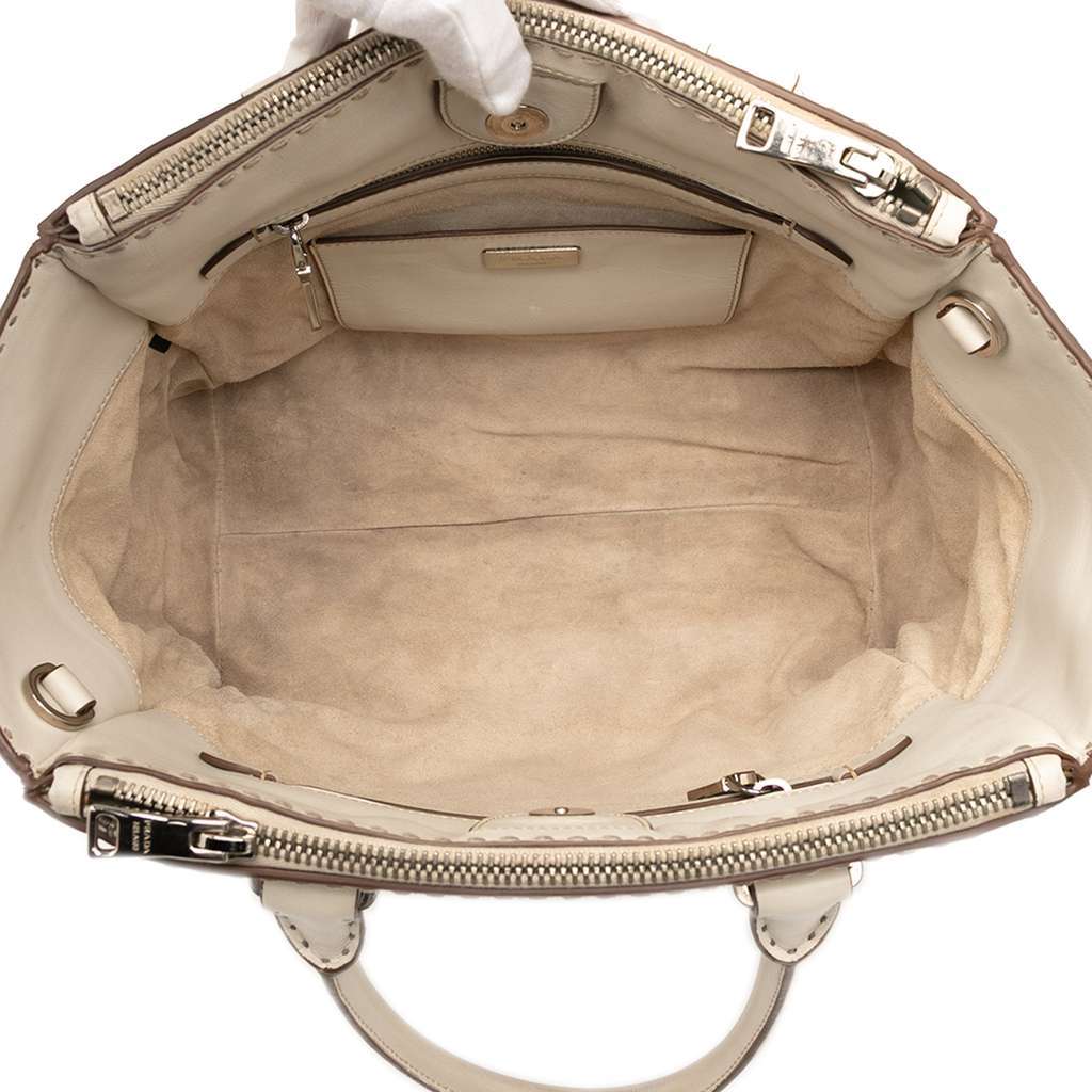 Prada City Calf Stitched Twin Pocket Satchel Brown Leather Very good - Model View