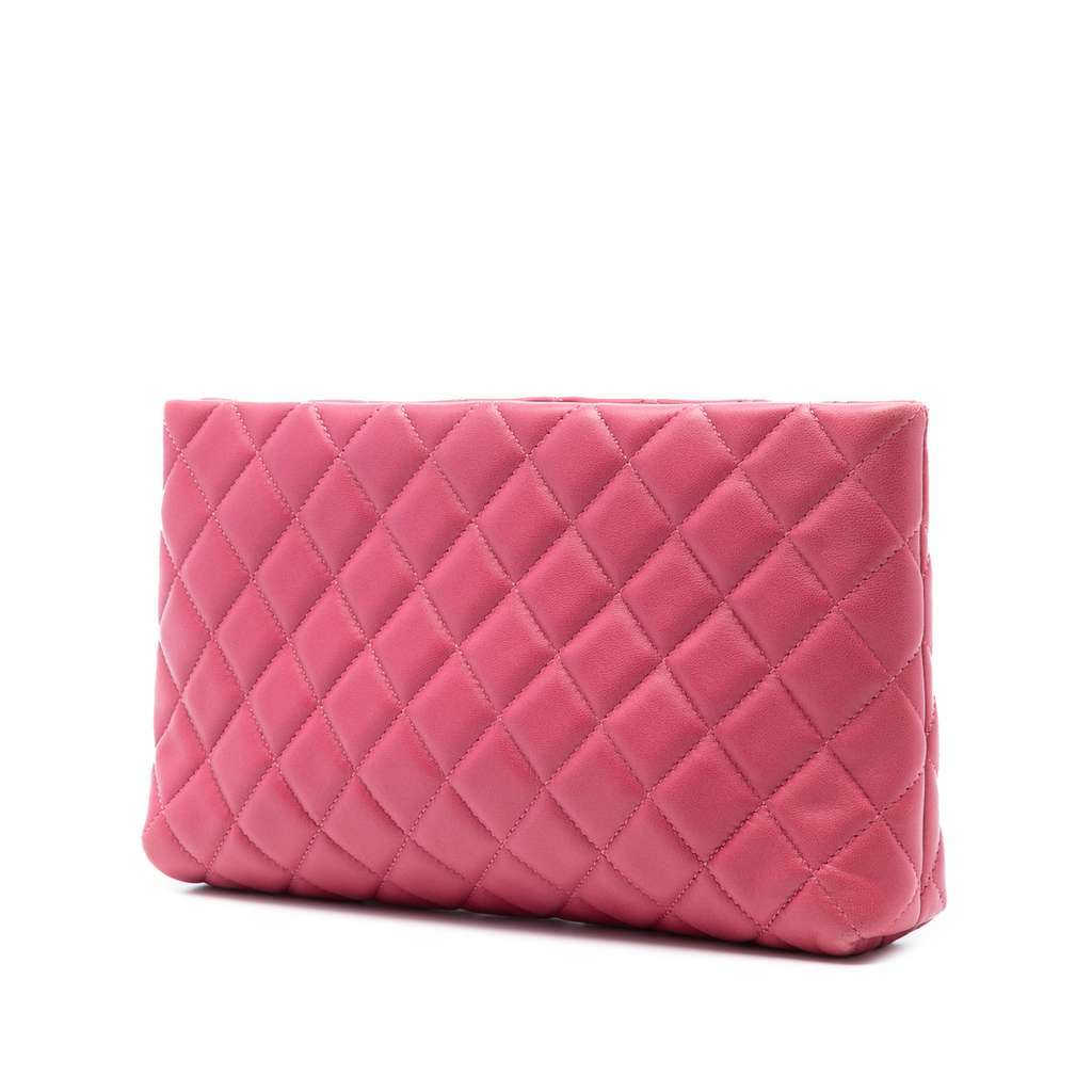 Chanel Quilted Lambskin Kiss Lock Clutch Pink Leather Very good - Back View