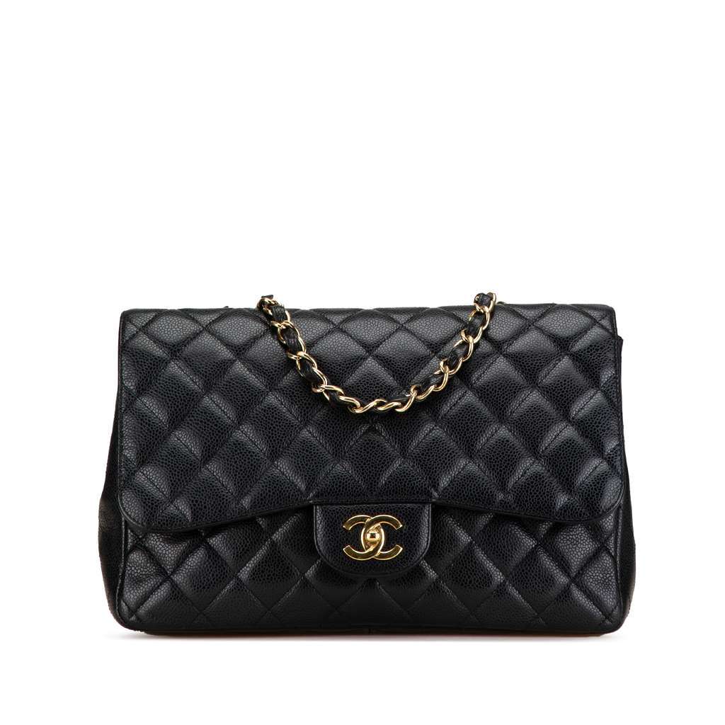 Chanel Jumbo Classic Caviar Single Flap Black Leather Good - Front View
