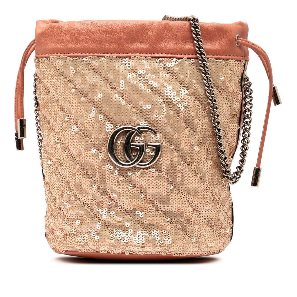 Gucci Small GG Marmont Sequined Diagonal Matelasse Leather Bucket Bag Pink Leather Very good - Front View