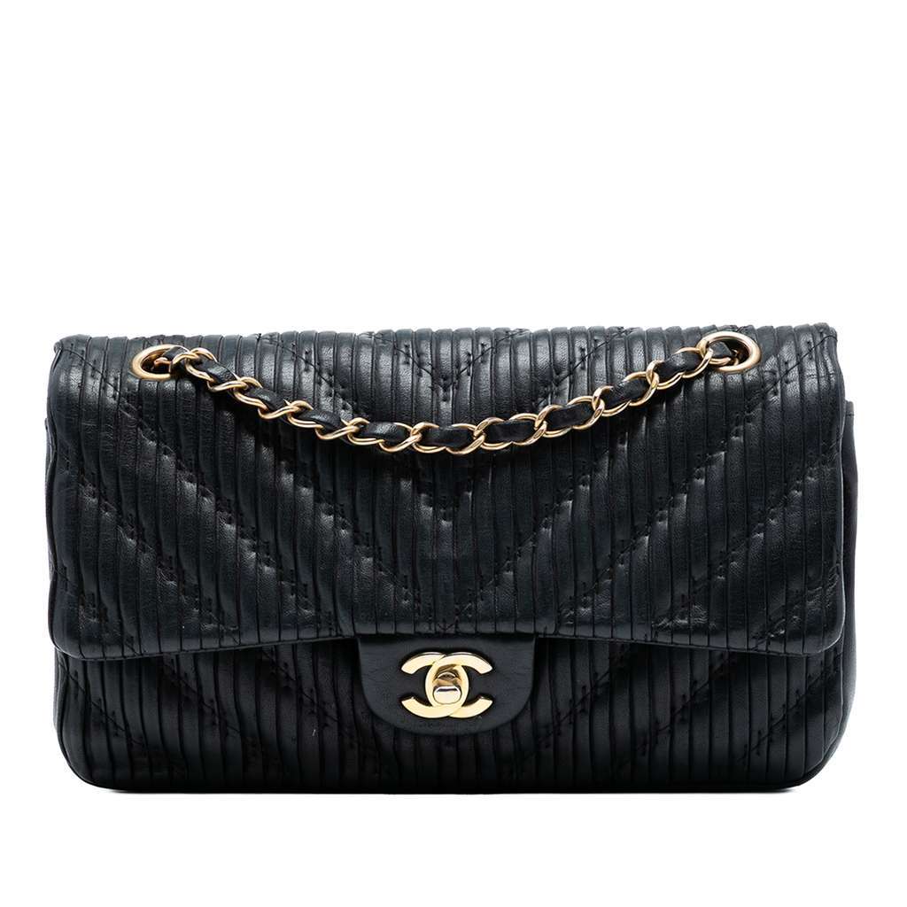 Chanel Medium Classic Chevron Calfskin Pleated Double Flap Black Leather Good - Front View