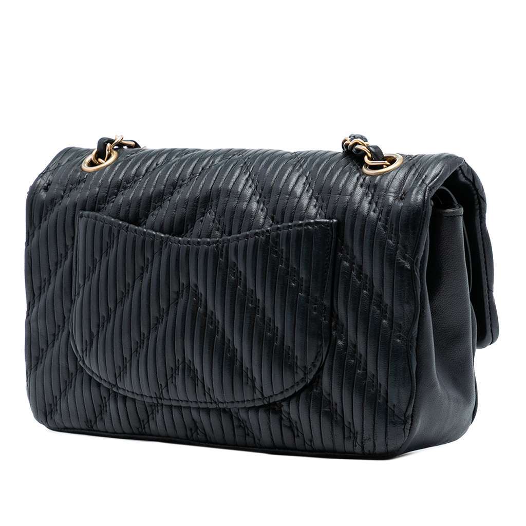 Chanel Medium Classic Chevron Calfskin Pleated Double Flap Black Leather Good - Back View