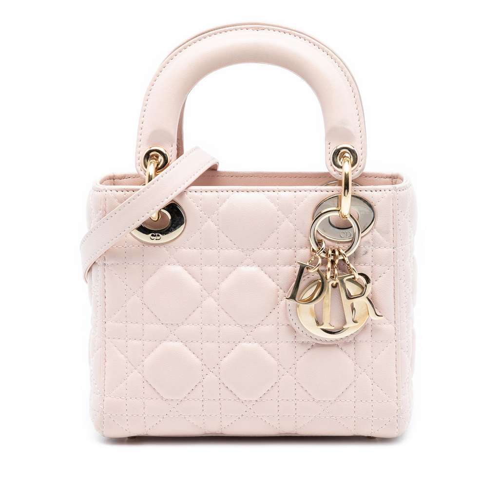 Dior Mini Lambskin Cannage Lady Dior Pink Leather Good condition - Front View