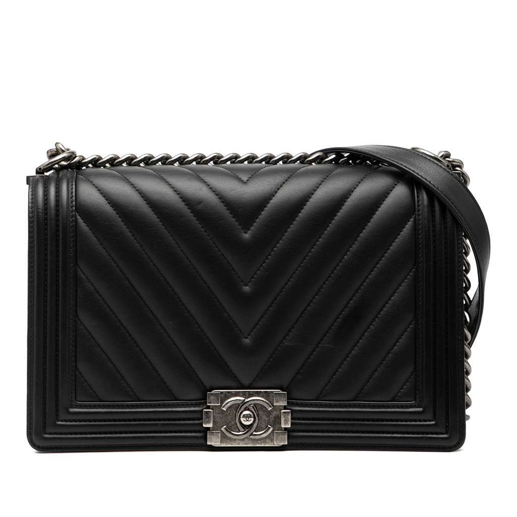 Chanel Medium Chevron Lambskin Boy Flap Black Leather Good - Front View