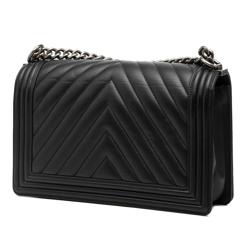 Chanel Medium Chevron Lambskin Boy Flap Black Leather Good - Back View