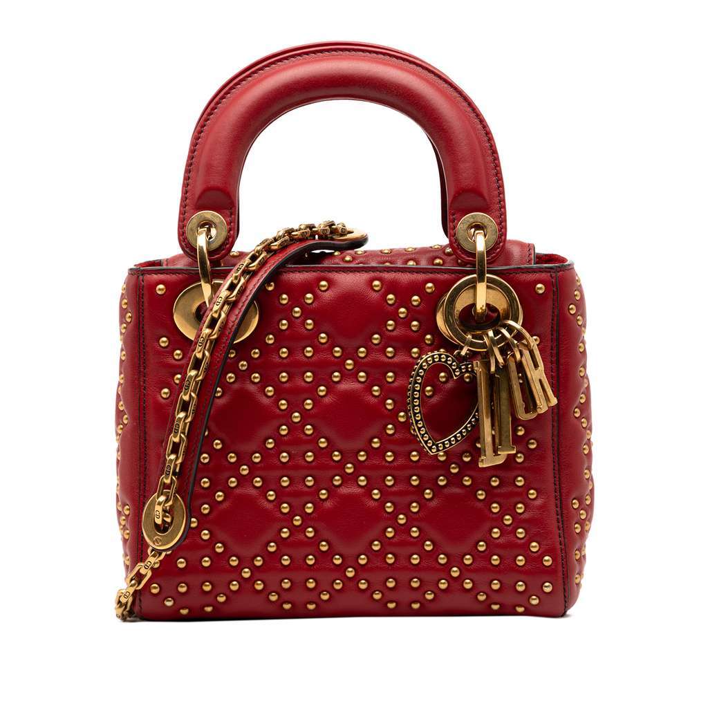 Dior Mini Lambskin Cannage Studded Supple Lady Dior Red Leather Very good - Front View