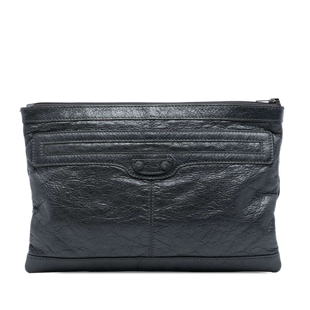 Balenciaga Lambskin Motocross Classic Clip Clutch Black Leather Very good condition - Front View