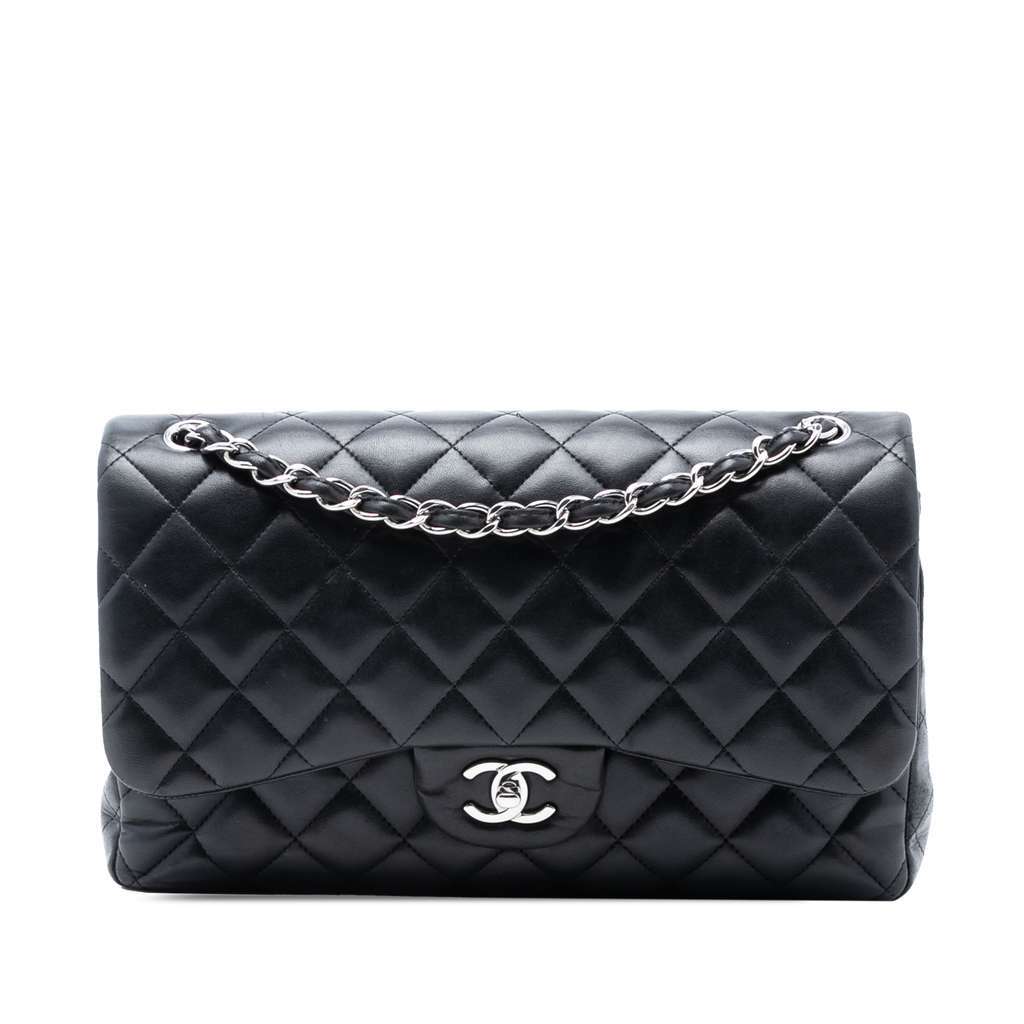 Chanel Jumbo Classic Lambskin Double Flap Black Leather Very good condition - Front View