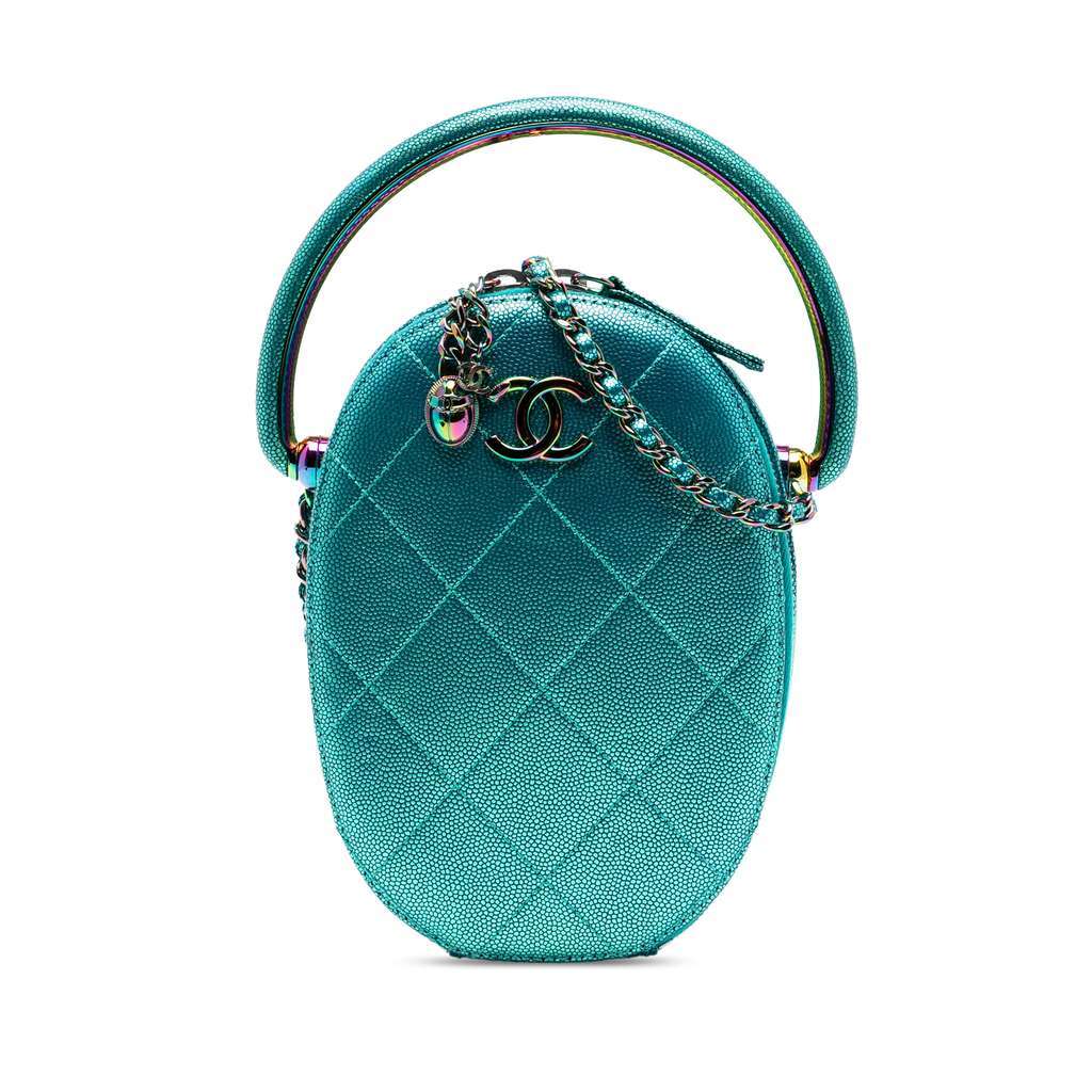Chanel Quilted Metallic Caviar Rainbow Hardware Oval Camera Bag Blue Leather Very good - Front View