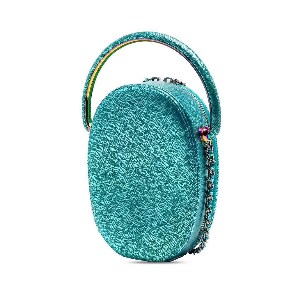 Chanel Quilted Metallic Caviar Rainbow Hardware Oval Camera Bag Blue Leather Very good - Back View