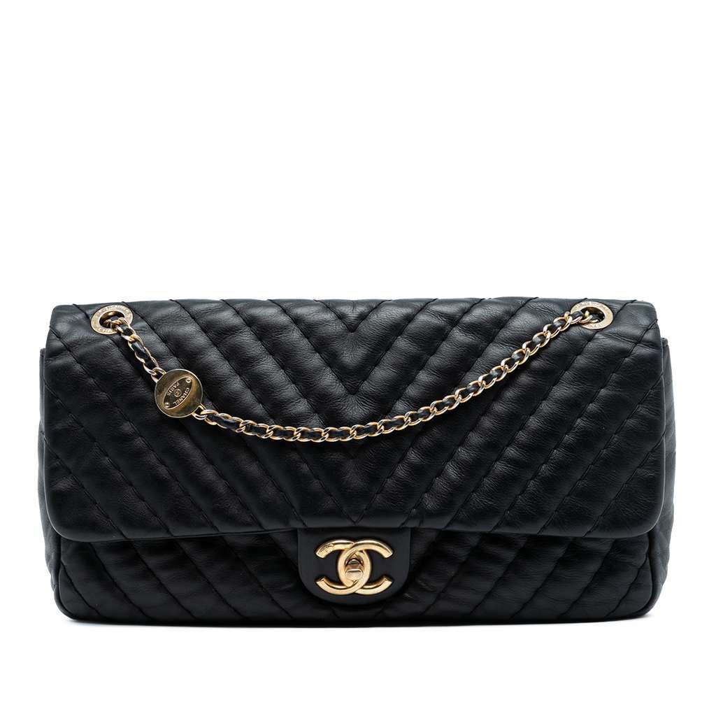 Chanel Jumbo Chevron Iridescent Calfskin Surpique Flap Black Leather Good - Front View