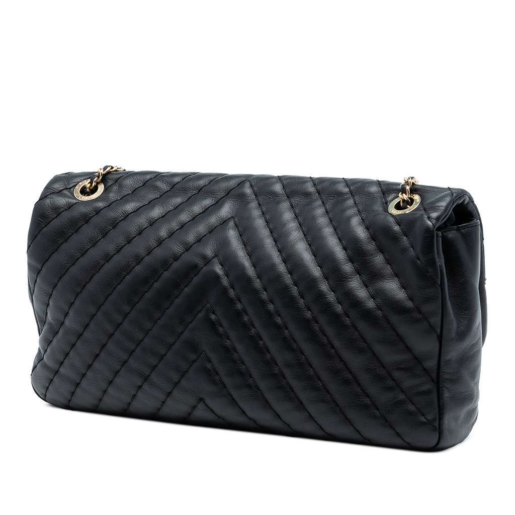 Chanel Jumbo Chevron Iridescent Calfskin Surpique Flap Black Leather Good - Back View