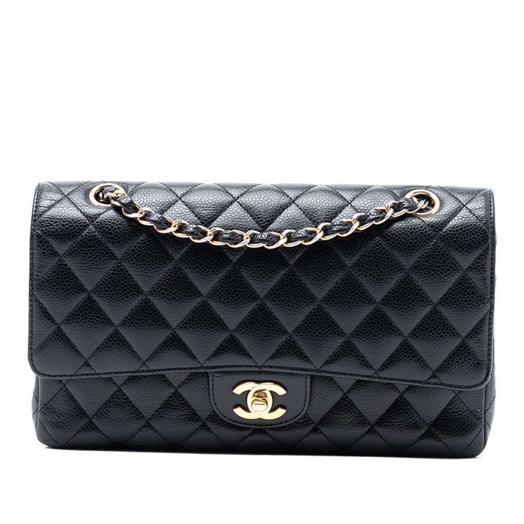 Chanel Medium Classic Caviar Double Flap Black Leather Good - Front View