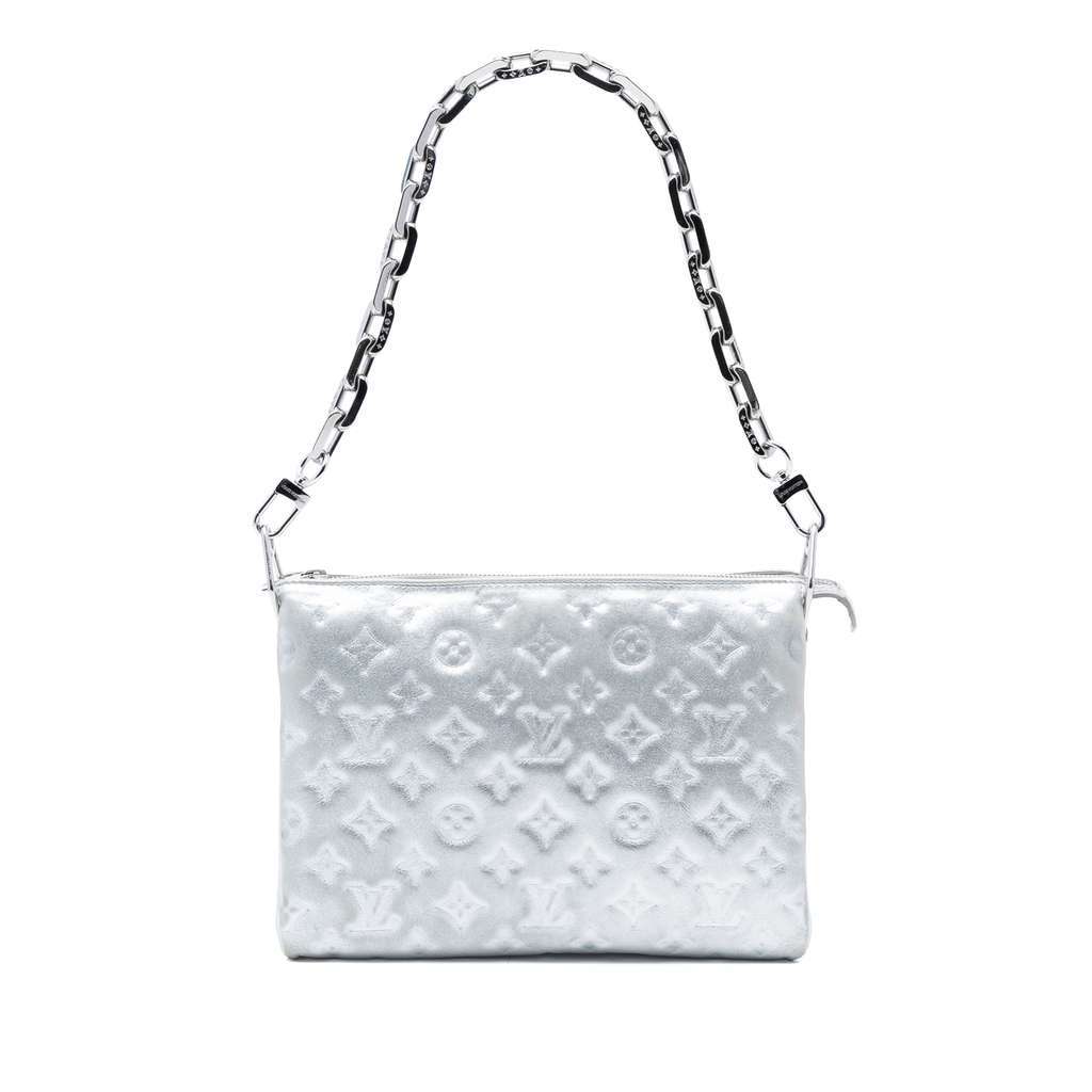 Louis Vuitton Monogram Embossed Puffy Lambskin Coussin PM Silver Leather Very good condition - Front View