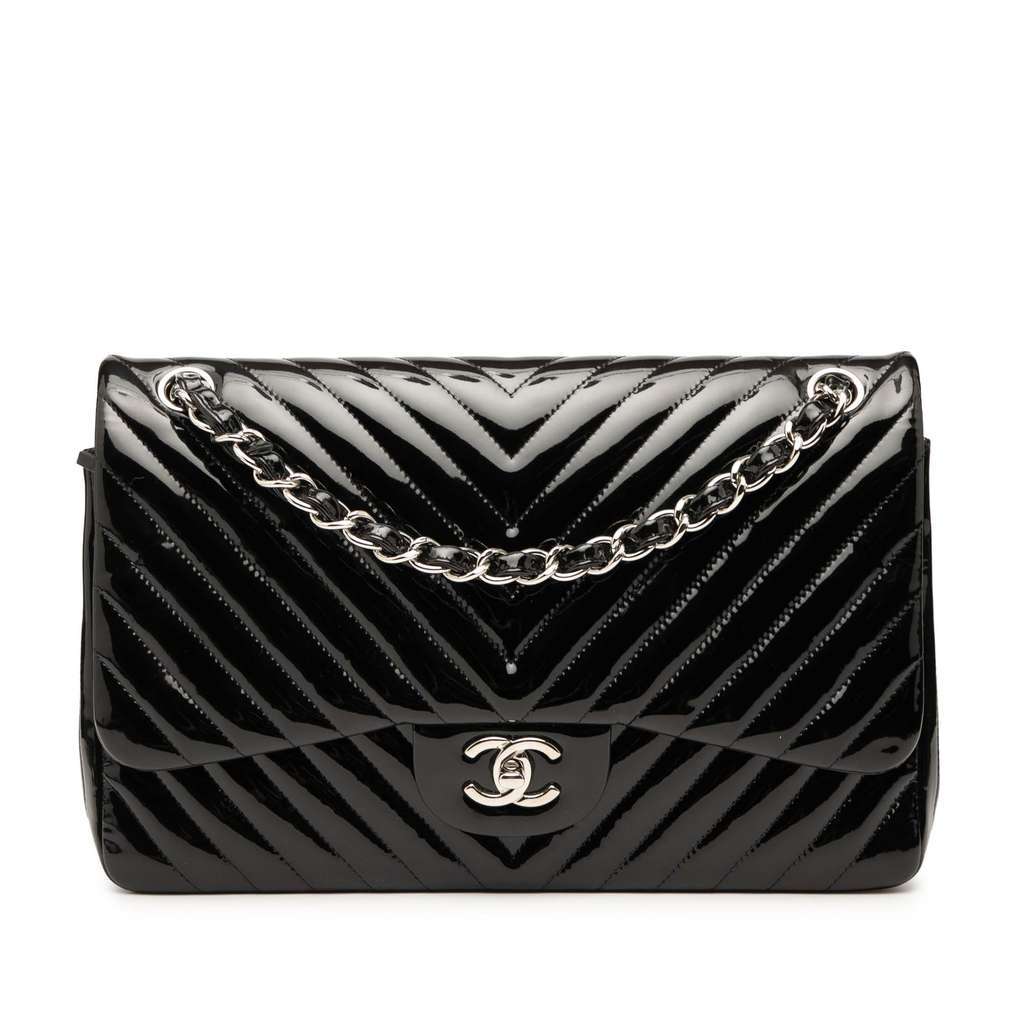 Chanel Jumbo Classic Chevron Patent Double Flap Black Leather Very good - Front View