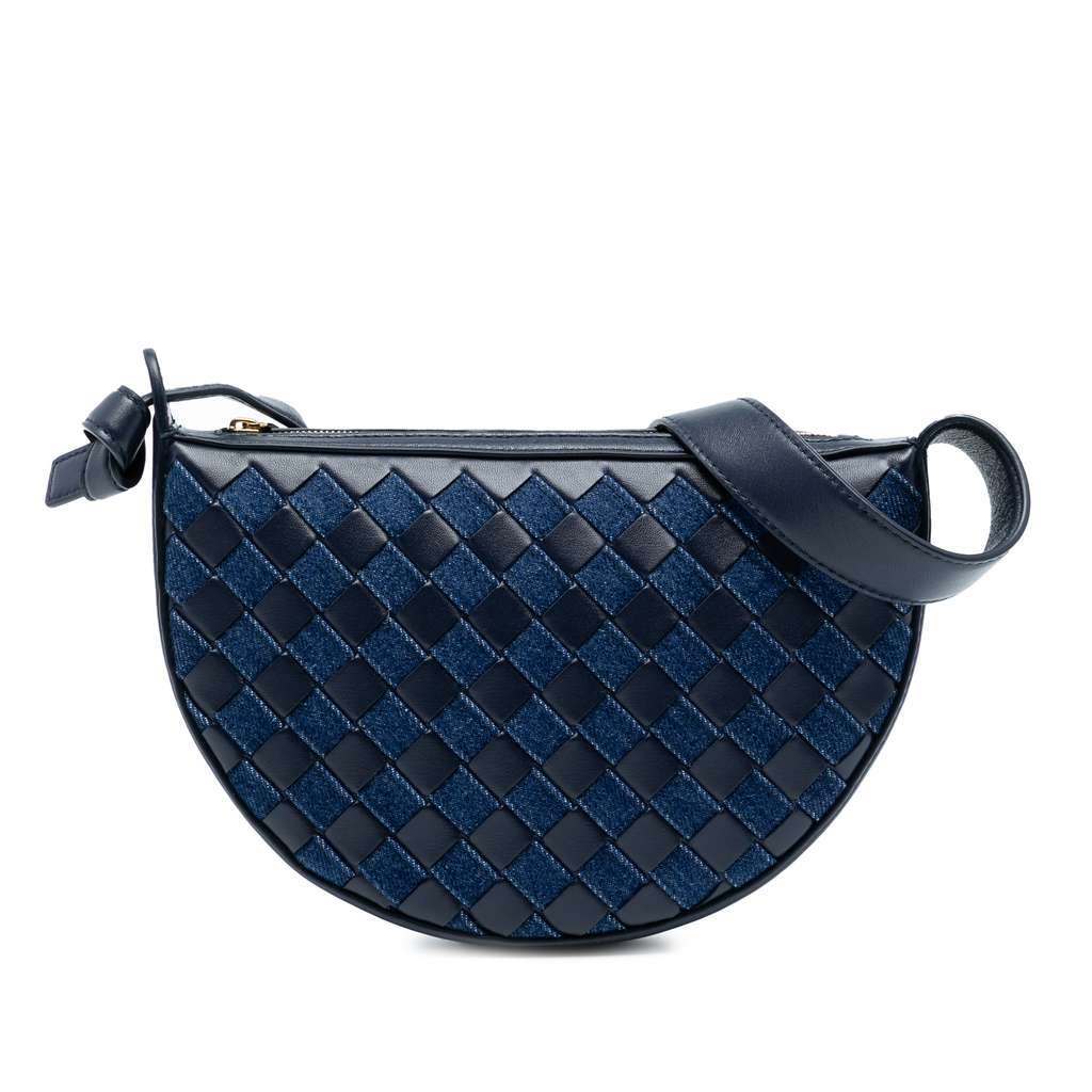 Bottega Veneta Mini Leather and Denim Intrecciato Sunrise Hobo Blue Leather Good condition - Front View