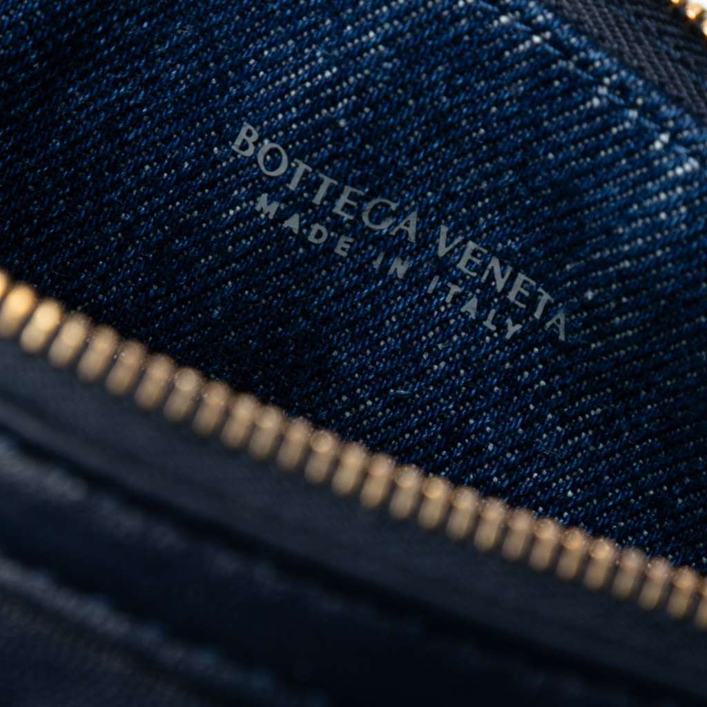 Bottega Veneta Mini Leather and Denim Intrecciato Sunrise Hobo Blue Leather Good condition - Box View