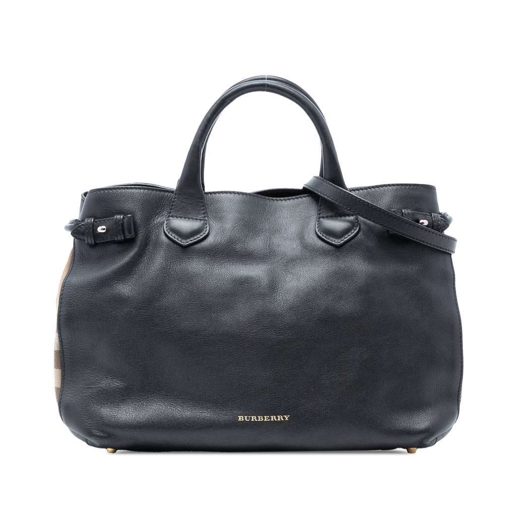 Burberry Medium Leather and House Check Banner Satchel Black Leather Very good condition - Front View