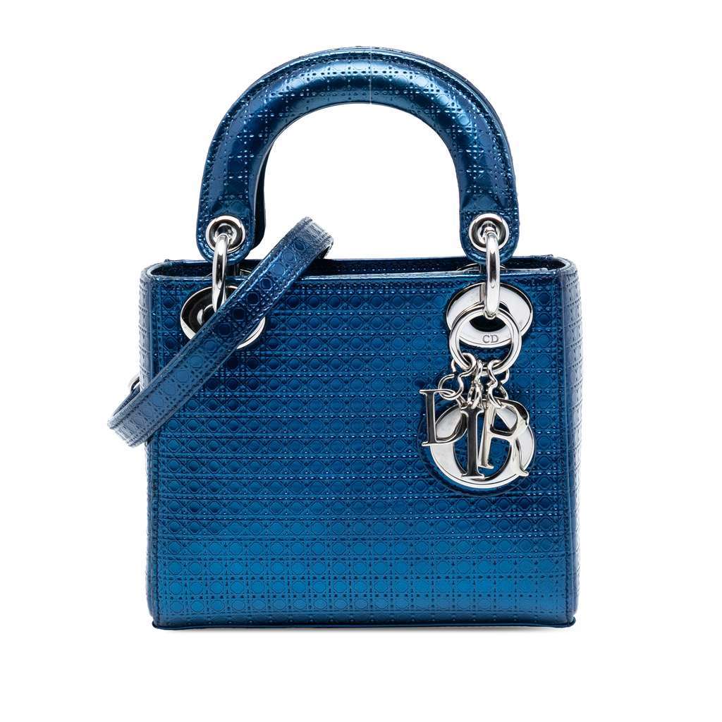 Dior Mini Metallic Patent Microcannage Lady Dior Blue Leather Very good condition - Front View