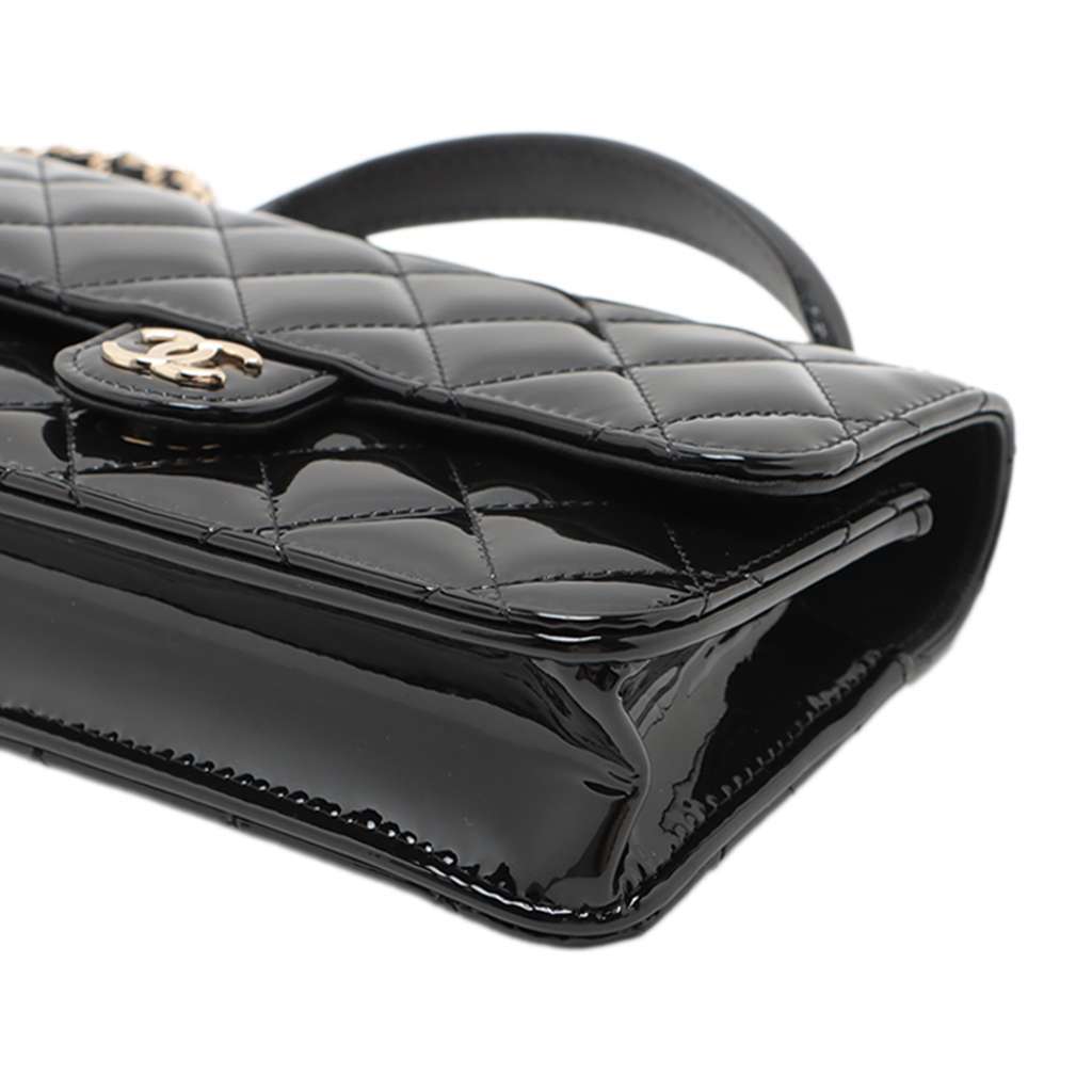 Chanel CC Quilted Patent Top Handle Phone Holder with Chain Black Leather Good - Back View