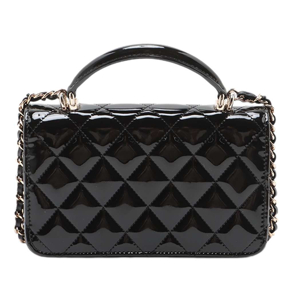 Chanel CC Quilted Patent Top Handle Phone Holder with Chain Black Leather Good - Model View