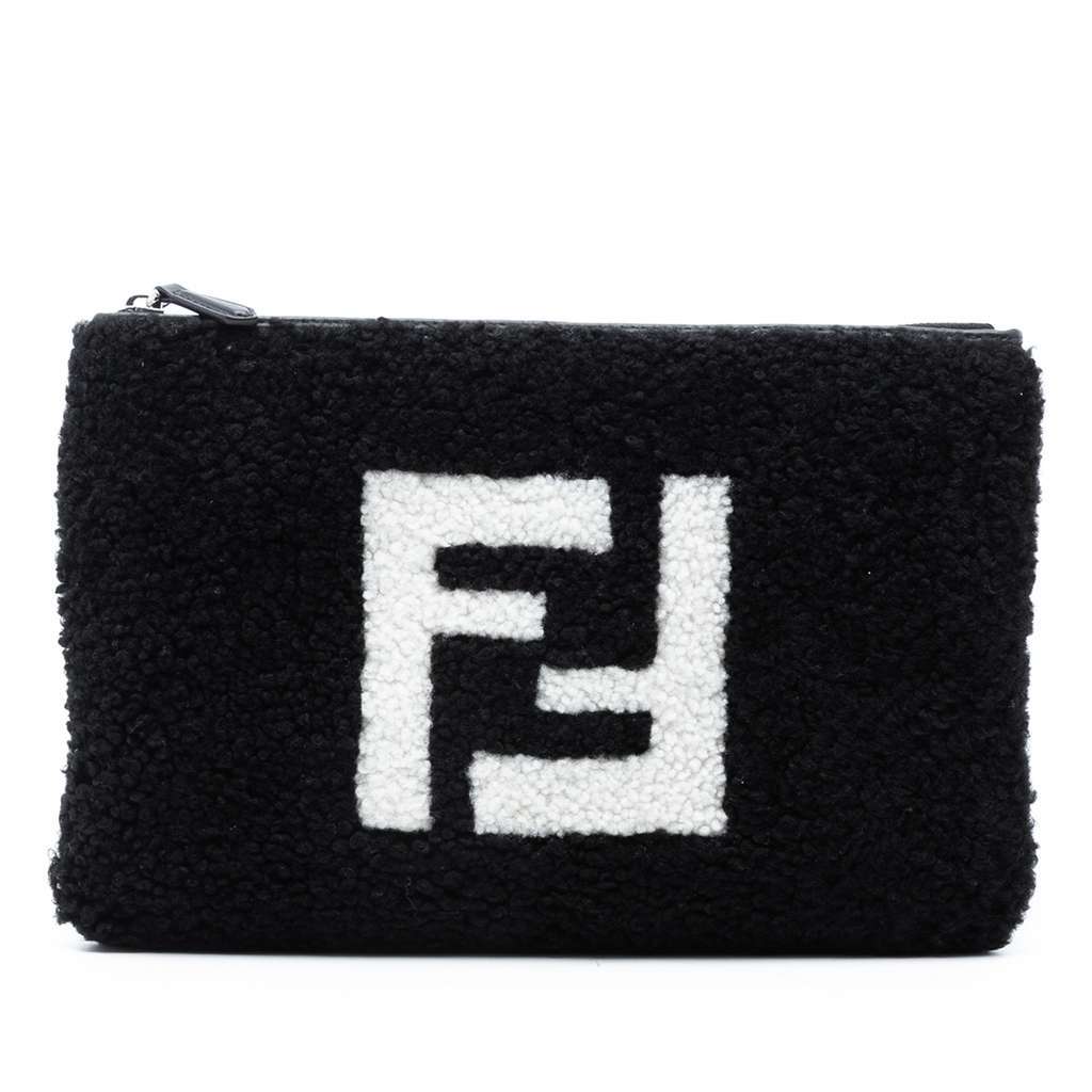Fendi Shearling FF Flat Pouch Black Very good - Front View