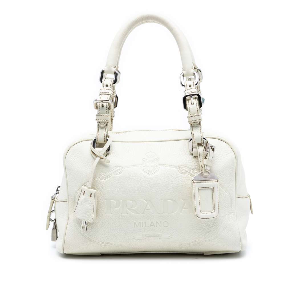 Prada Vitello Daino Embossed Logo Bauletto Bag White Leather Very good condition - Front View