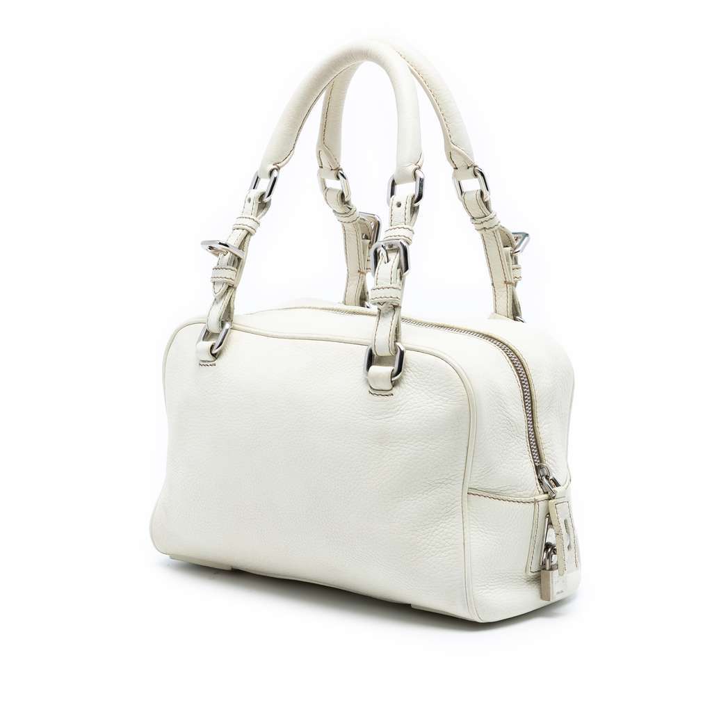 Prada Vitello Daino Embossed Logo Bauletto Bag White Leather Very good condition - Back View