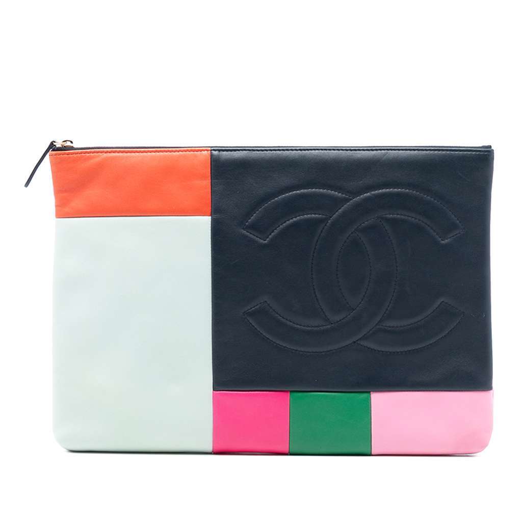 Chanel Large Lambskin Colorblock Patchwork O Case Blue Leather Good - Front View